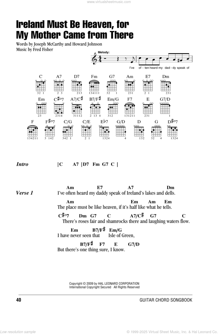 Ireland Must Be Heaven, For My Mother Came From There sheet music for guitar (chords) by Joseph McCarthy, Fred Fisher and Howard Johnson, intermediate skill level