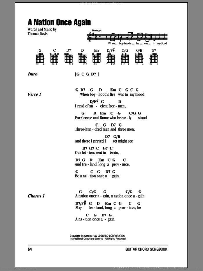 A Nation Once Again sheet music for guitar (chords) by Thomas Davis, intermediate skill level