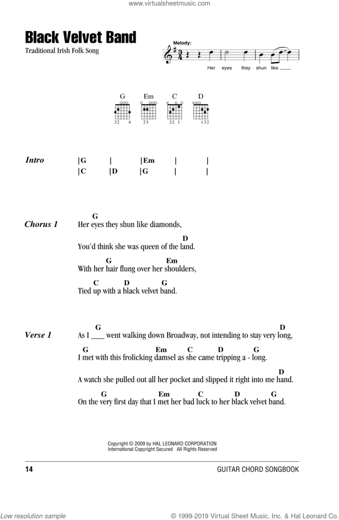The Black Velvet Band sheet music for guitar (chords), intermediate skill level