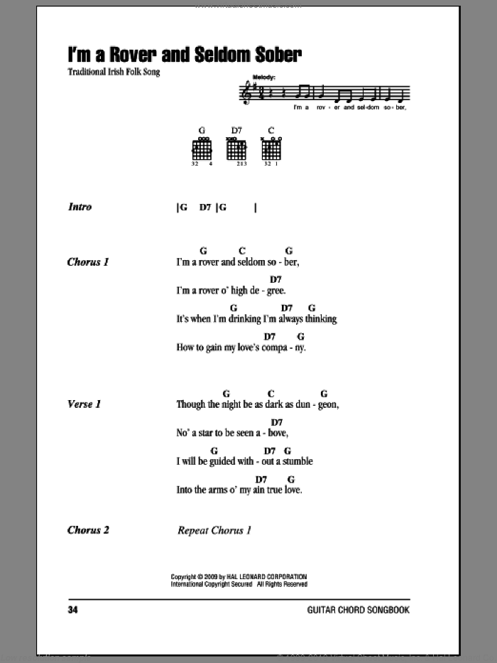 I'm A Rover And Seldom Sober sheet music for guitar (chords), intermediate skill level