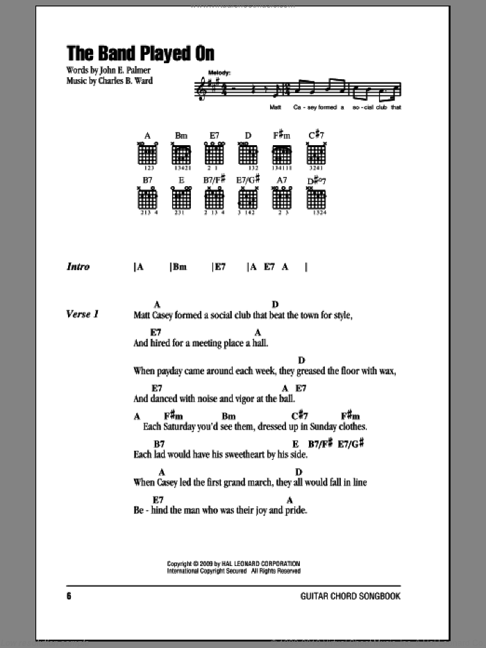 The Band Played On sheet music for guitar (chords) by John E. Palmer and Charles B. Ward, intermediate skill level