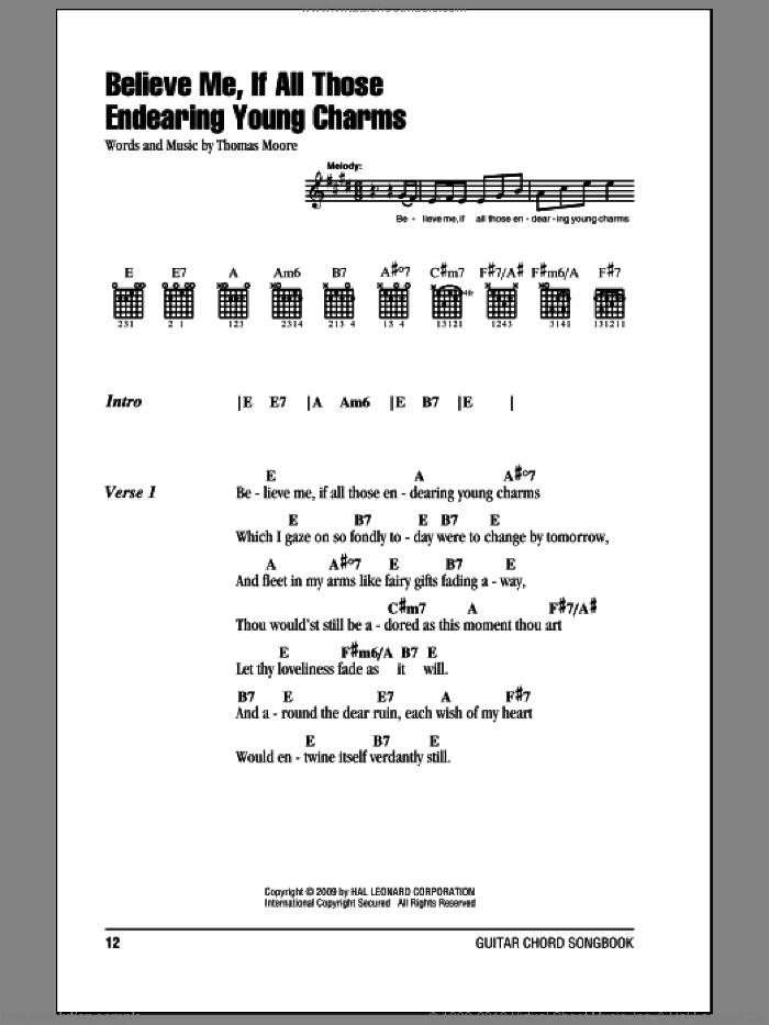 Believe Me, If All Those Endearing Young Charms sheet music for guitar (chords) by Thomas Moore, intermediate skill level