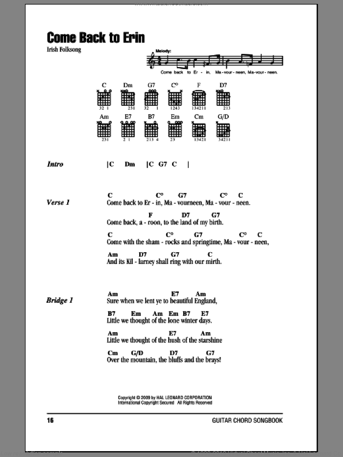 Come Back To Erin sheet music for guitar (chords), intermediate skill level