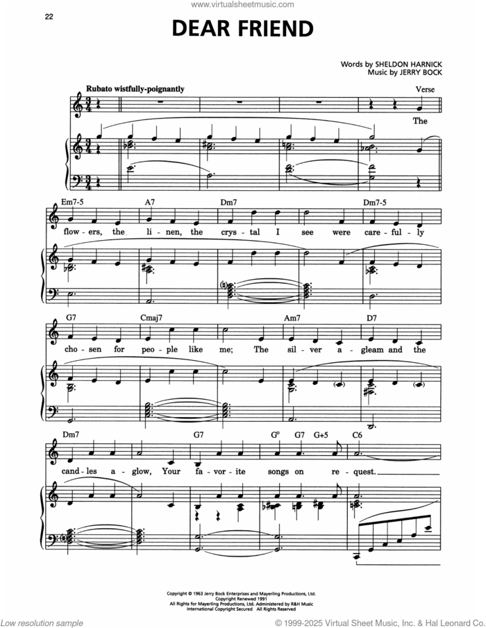 Dear Friend (from She Loves Me) sheet music for voice and piano by Jerry Bock and Sheldon Harnick, classical score, intermediate skill level