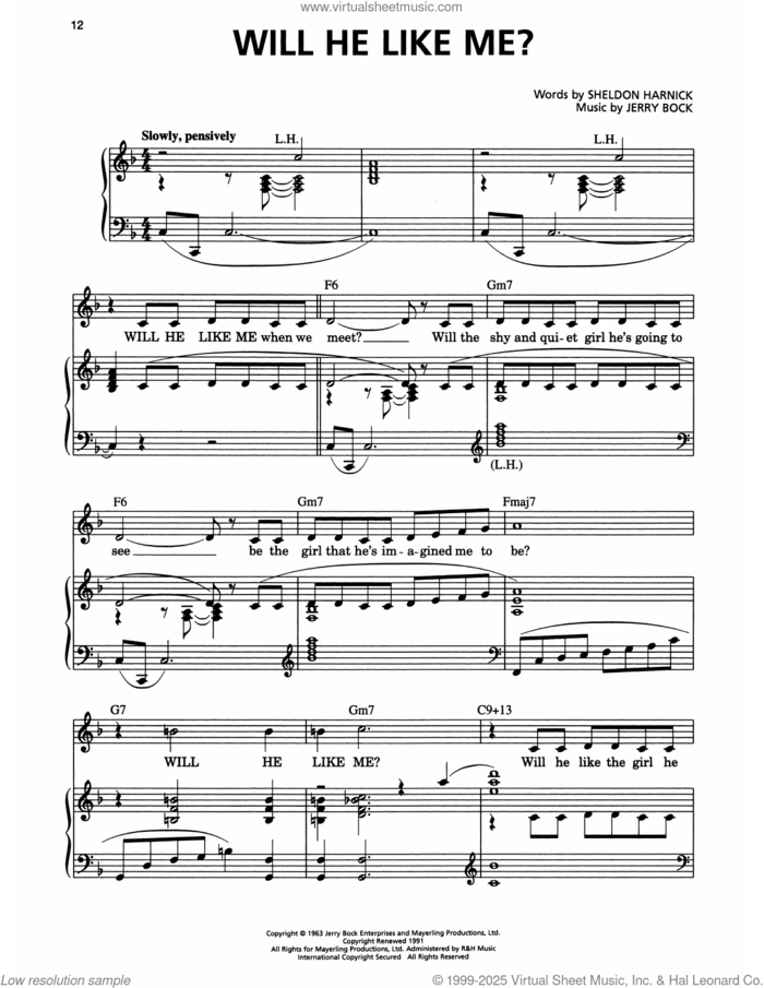Will He Like Me? (from She Loves Me) sheet music for voice and piano by Jerry Bock and Sheldon Harnick, classical score, intermediate skill level