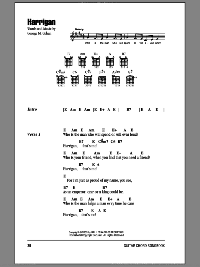 Harrigan sheet music for guitar (chords) by George M. Cohan, intermediate skill level