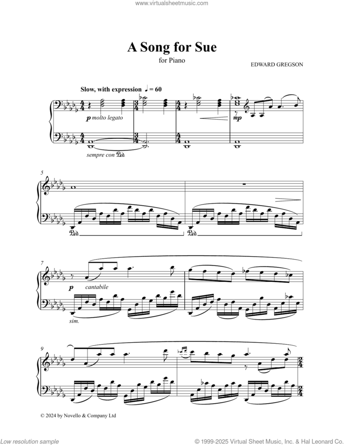 A Song For Sue sheet music for piano solo by Edward Gregson, intermediate skill level