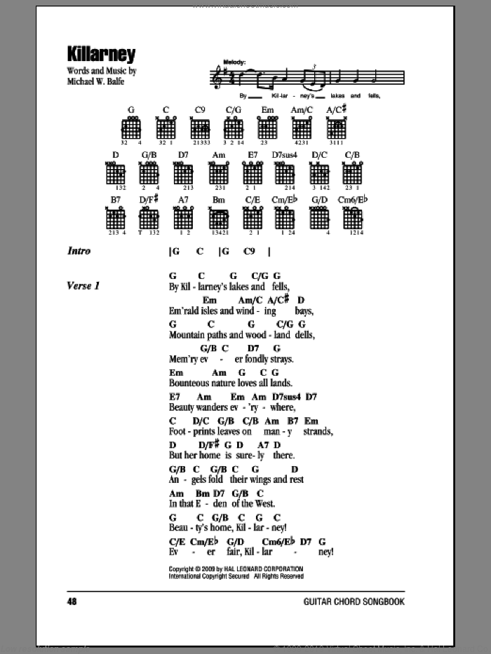 Killarney sheet music for guitar (chords) by Michael W. Balfe, intermediate skill level
