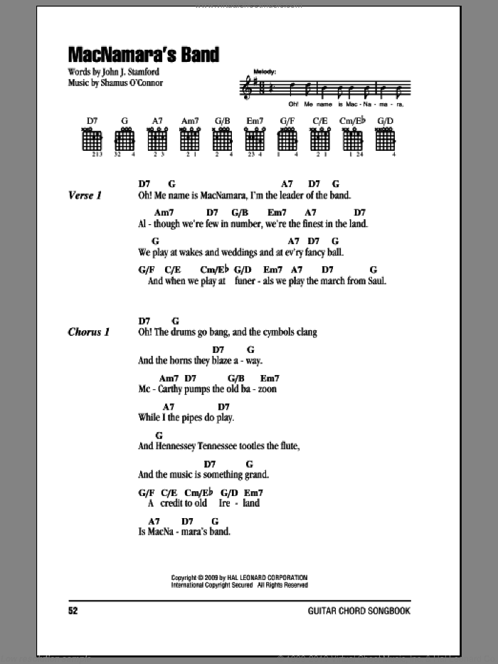 MacNamara's Band sheet music for guitar (chords) by Shamus O'Connor and John J. Stamford, intermediate skill level