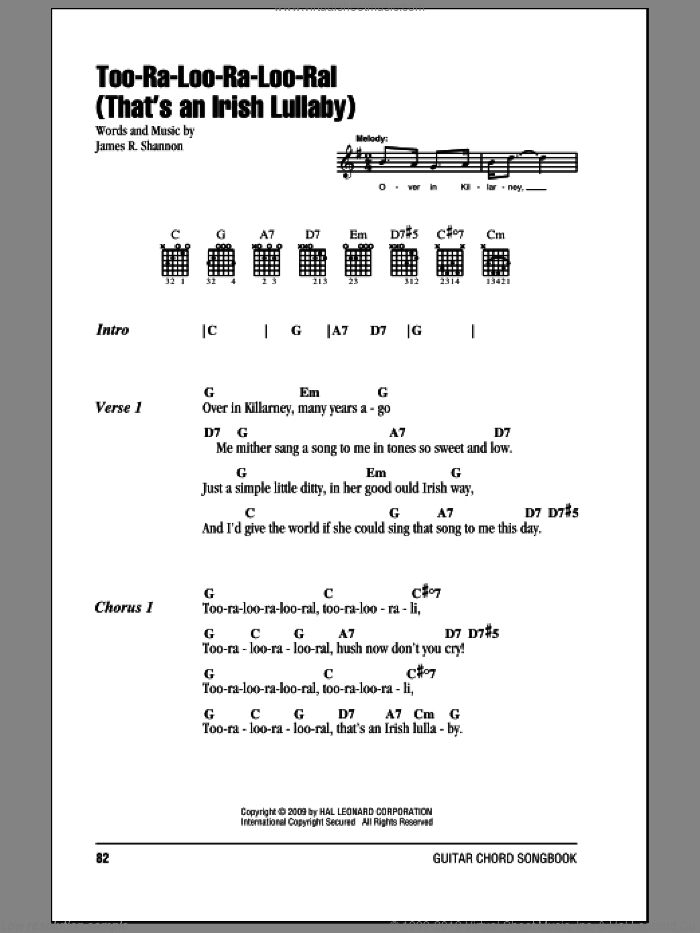 Too-Ra-Loo-Ra-Loo-Ral (That's An Irish Lullaby) sheet music for guitar (chords) by James R. Shannon, intermediate skill level