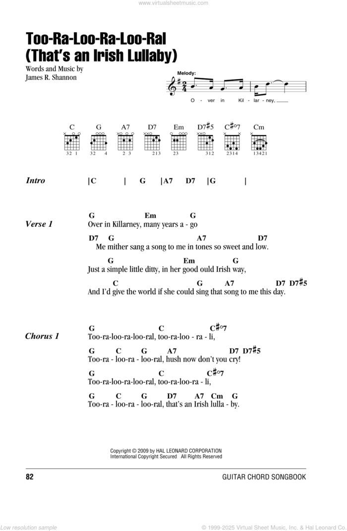 Too-Ra-Loo-Ra-Loo-Ral (That's An Irish Lullaby) sheet music for guitar (chords) by James R. Shannon, intermediate skill level