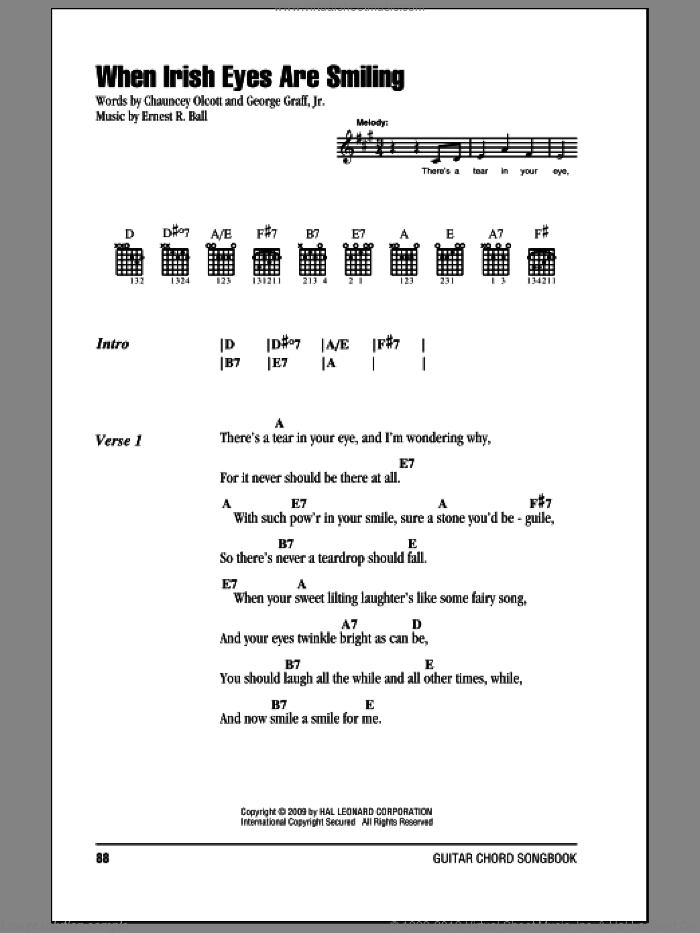 When Irish Eyes Are Smiling sheet music for guitar (chords) by Chauncey Olcott, Ernest R. Ball and George Graff Jr., intermediate skill level