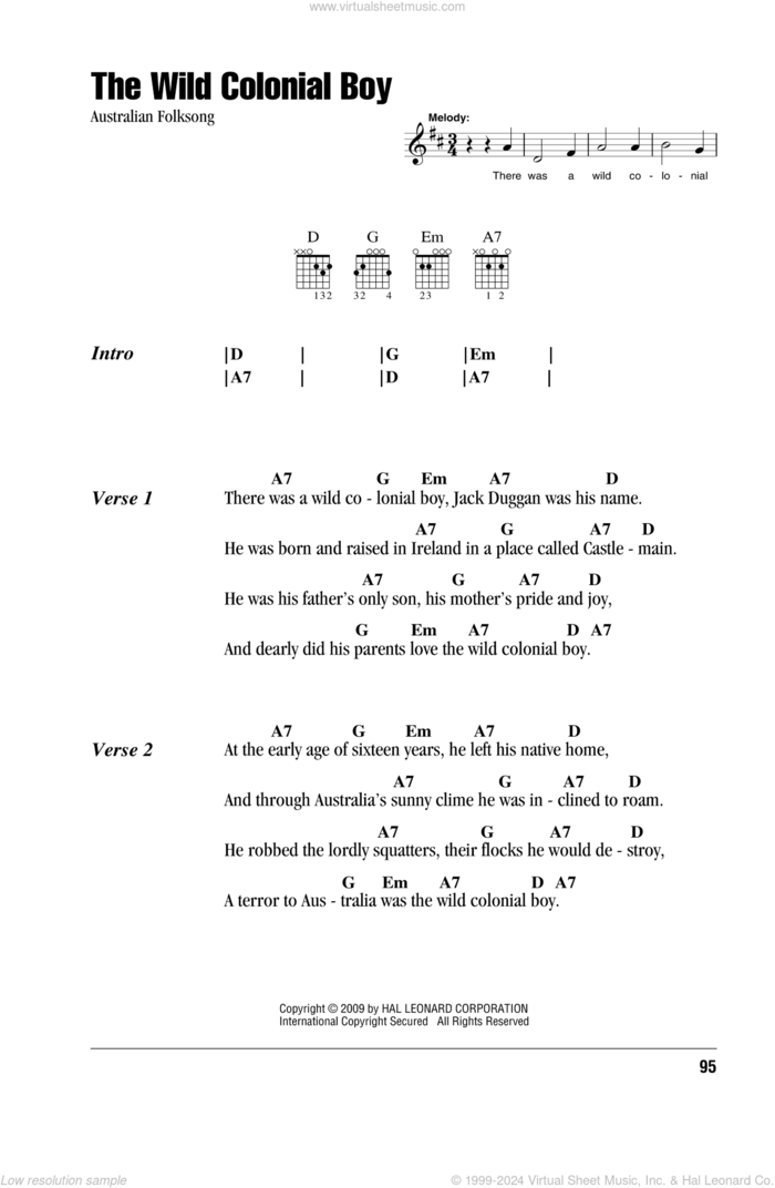 The Wild Colonial Boy sheet music for guitar (chords), intermediate skill level