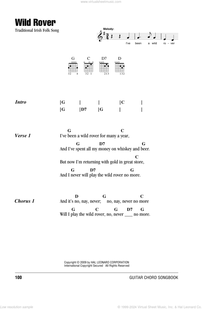 Wild Rover sheet music for guitar (chords), intermediate skill level