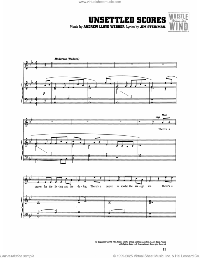 Unsettled Scores (from Whistle Down The Wind) sheet music for voice and piano by Andrew Lloyd Webber and Jim Steinman, intermediate skill level