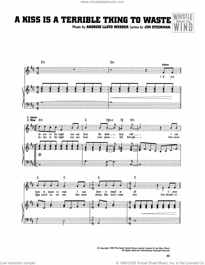 A Kiss Is A Terrible Thing To Waste (from Whistle Down The Wind) sheet music for voice and piano by Andrew Lloyd Webber and Jim Steinman, intermediate skill level