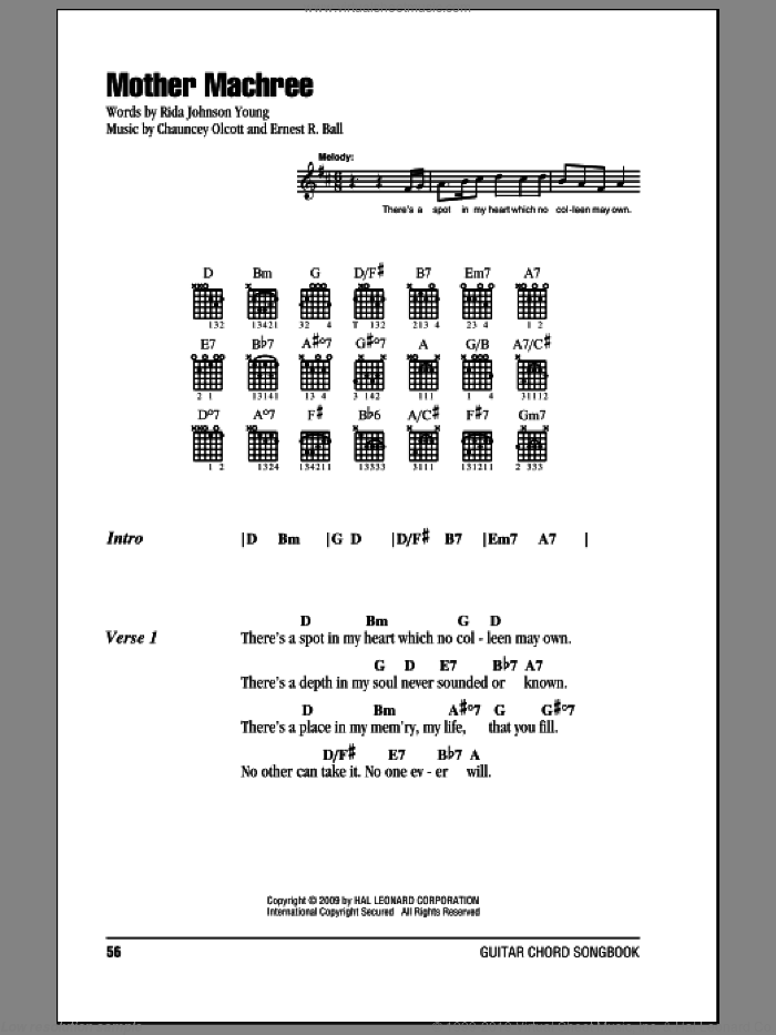 Mother Machree sheet music for guitar (chords) by Chauncey Olcott, Ernest R. Ball and Rida Johnson Young, intermediate skill level