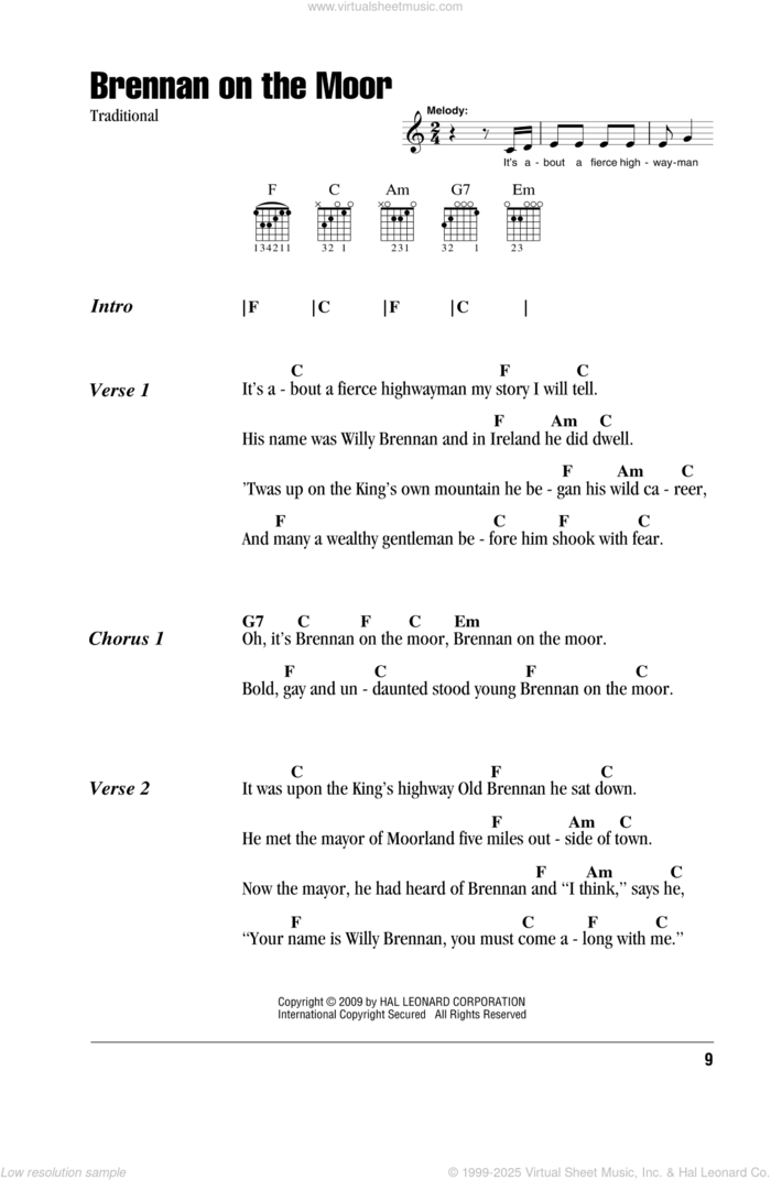 Brennan On The Moor sheet music for guitar (chords), intermediate skill level