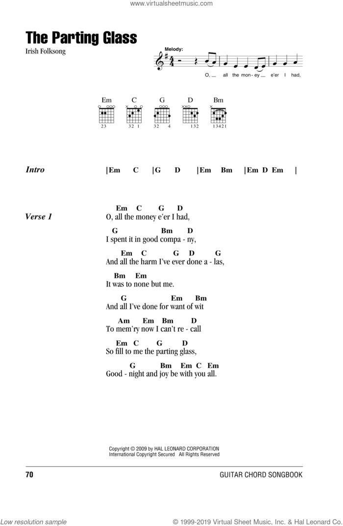 The Parting Glass sheet music for guitar (chords), intermediate skill level