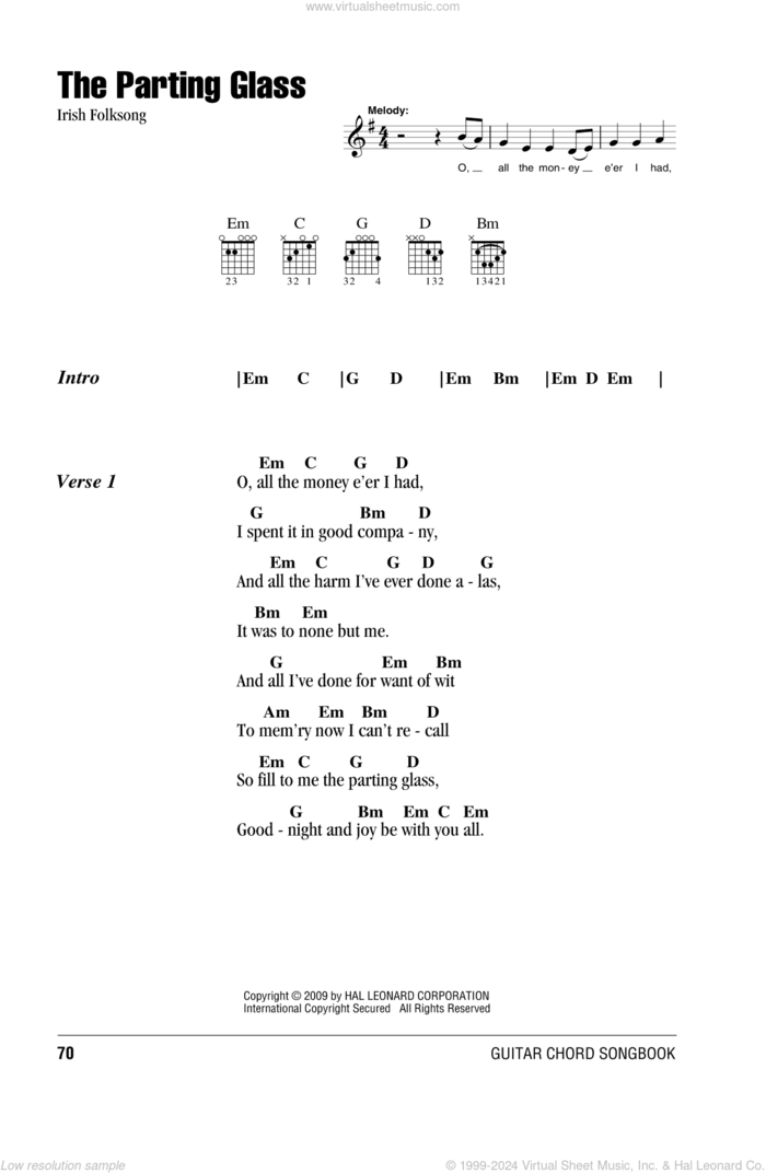 The Parting Glass sheet music for guitar (chords), intermediate skill level