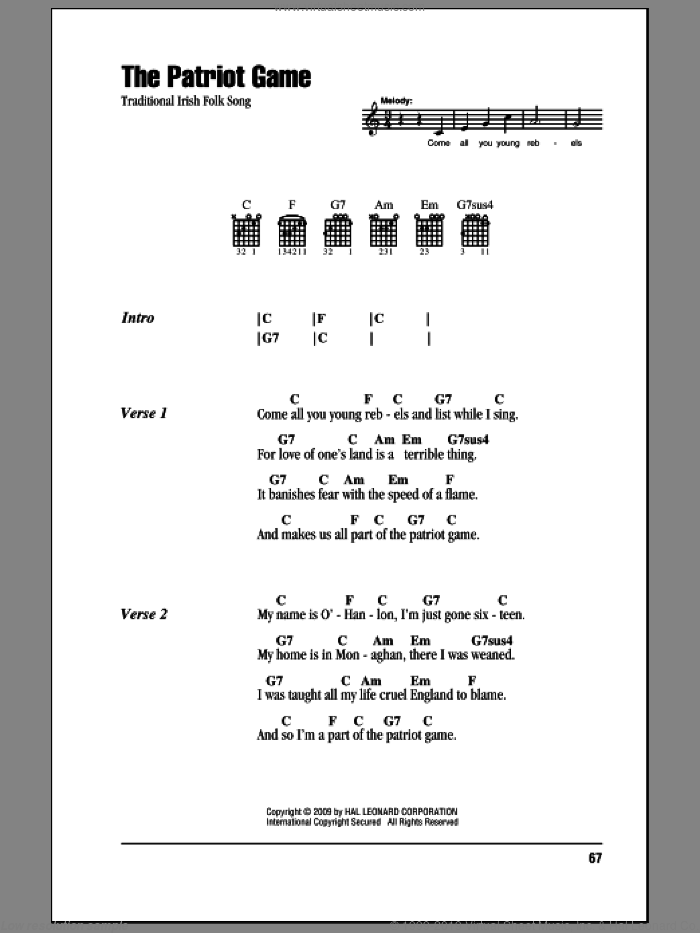 The Patriot Game sheet music for guitar (chords), intermediate skill level