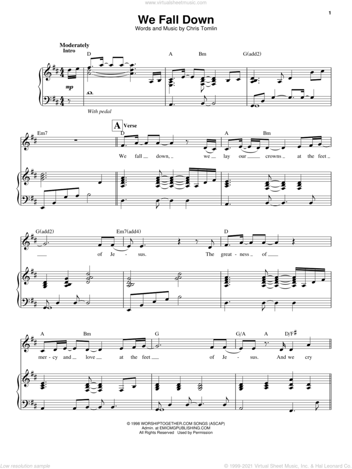 We Fall Down sheet music for voice and piano by Chris Tomlin and Kutless, intermediate skill level