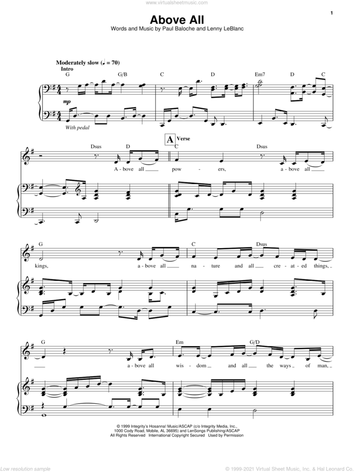 Above All sheet music for voice and piano by Paul Baloche and Lenny LeBlanc, intermediate skill level
