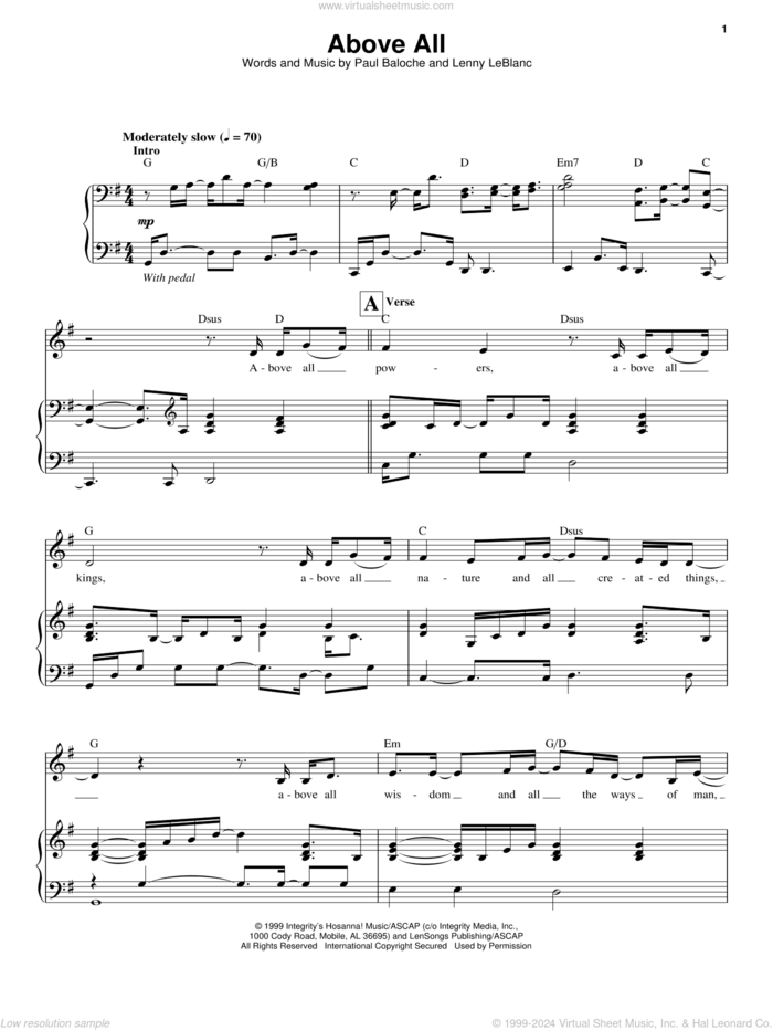 Above All sheet music for voice and piano by Paul Baloche and Lenny LeBlanc, intermediate skill level