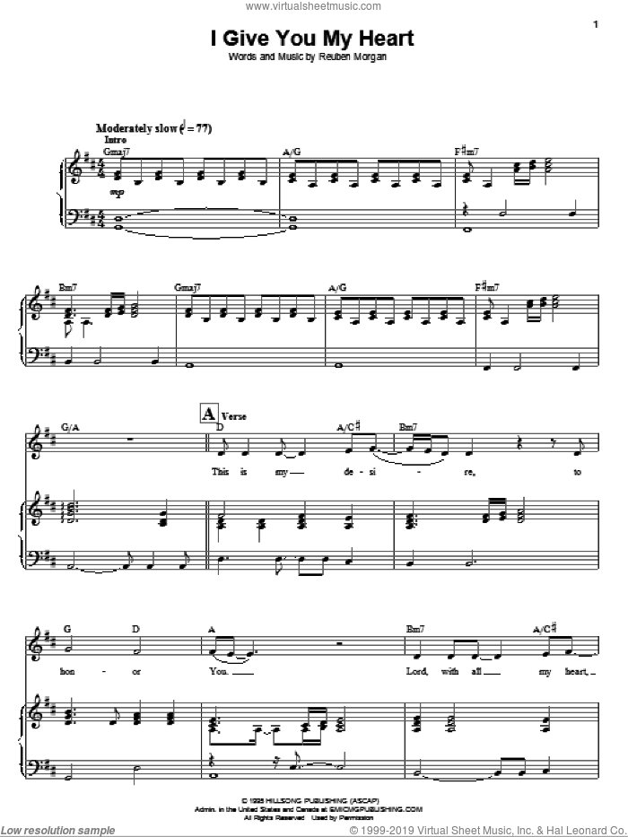 I Give You My Heart sheet music for voice and piano by Hillsong Worship, Jeff Deyo and Reuben Morgan, intermediate skill level