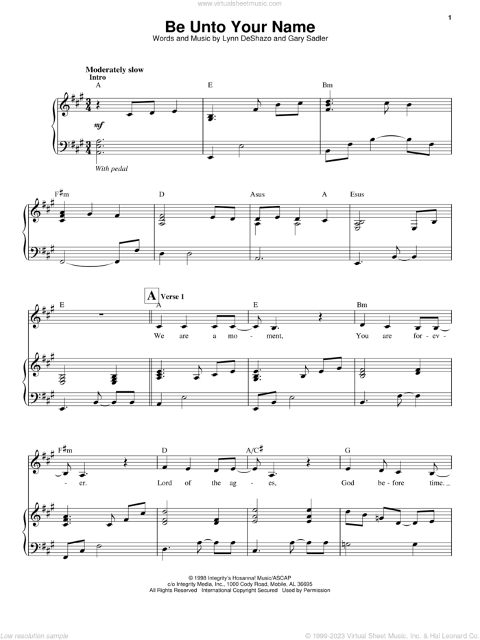Be Unto Your Name sheet music for voice and piano by Robin Mark, Gary Sadler and Lynn DeShazo, wedding score, intermediate skill level