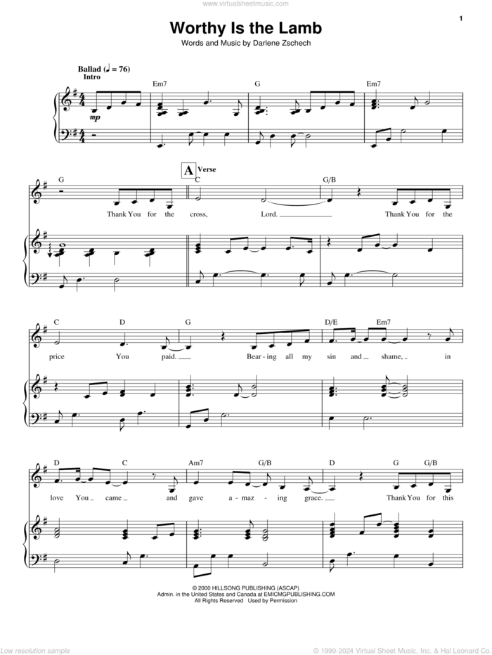 Worthy Is The Lamb sheet music for voice and piano by Darlene Zschech, intermediate skill level