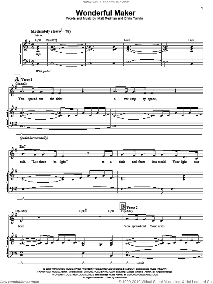 Wonderful Maker sheet music for voice and piano by Chris Tomlin and Matt Redman, intermediate skill level