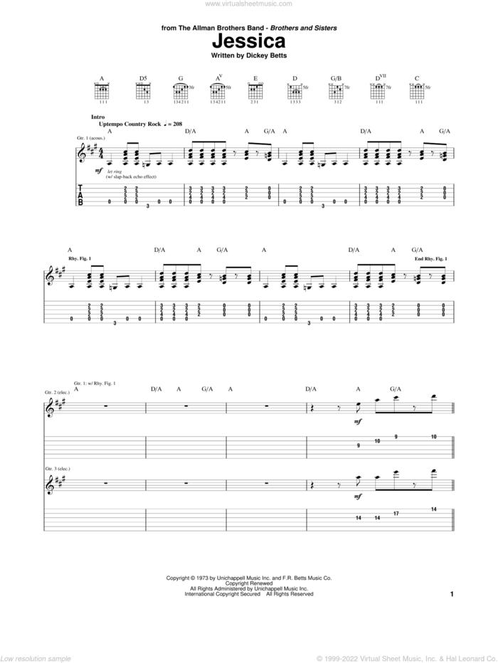 Jessica sheet music for guitar (tablature) by Allman Brothers Band, The Allman Brothers Band and Dickey Betts, intermediate skill level