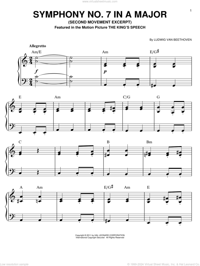 Symphony No. 7 In A Major, Second Movement (Allegretto), (easy) sheet music for piano solo by Ludwig van Beethoven, classical score, easy skill level