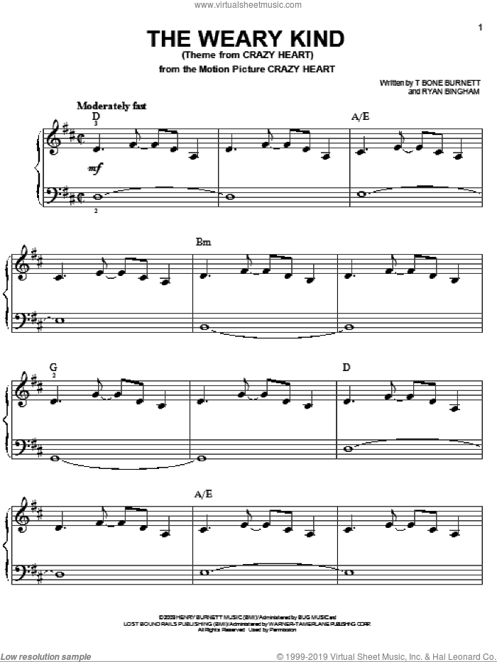 The Weary Kind sheet music for piano solo by Ryan Bingham, Crazy Heart (Movie) and T-Bone Burnett, easy skill level