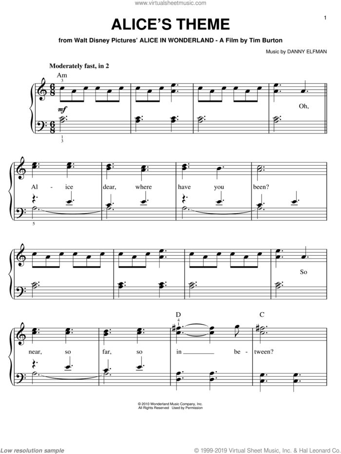 Alice's Theme sheet music for piano solo by Danny Elfman and Alice In Wonderland (Movie), easy skill level
