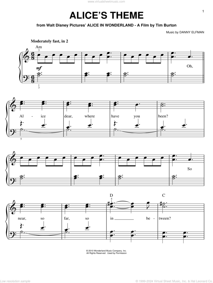 Alice's Theme sheet music for piano solo by Danny Elfman and Alice In Wonderland (Movie), easy skill level