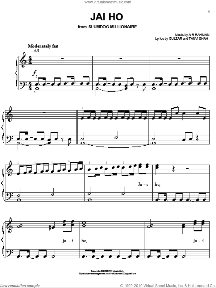 Jai Ho sheet music for piano solo by A.R. Rahman, Slumdog Millionaire (Movie), Gulzar and Tanvi Shah, easy skill level