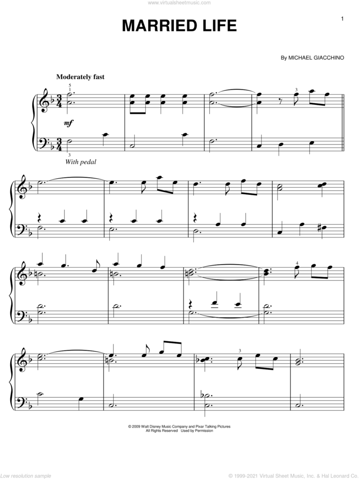 Married Life (from Up), (easy) sheet music for piano solo by Michael Giacchino and Up (Movie), easy skill level