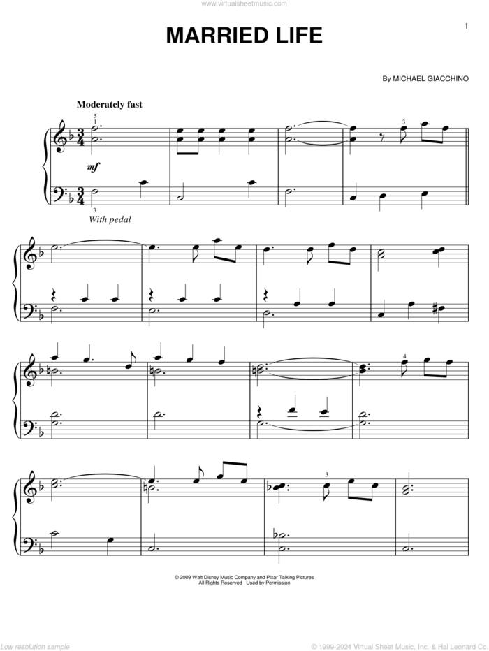 Married Life (from Up), (easy) sheet music for piano solo by Michael Giacchino and Up (Movie), easy skill level