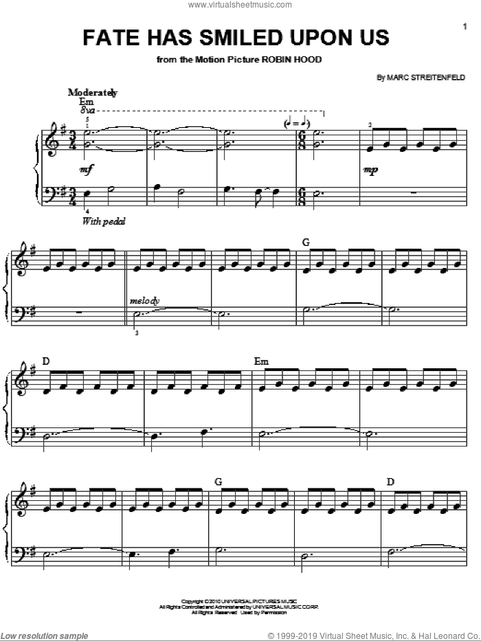 Fate Has Smiled Upon Us, (easy) sheet music for piano solo by Marc Streitenfeld and Robin Hood (Movie), easy skill level