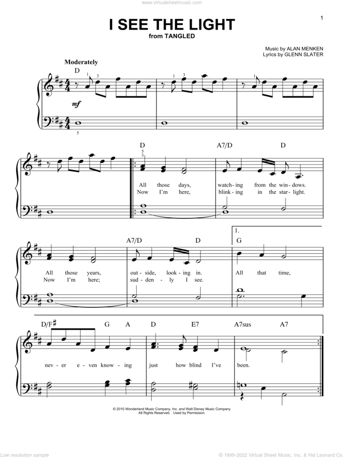 I See The Light (from Tangled) sheet music for piano solo by Alan Menken, Mandy Moore, Tangled (Movie) and Glenn Slater, easy skill level
