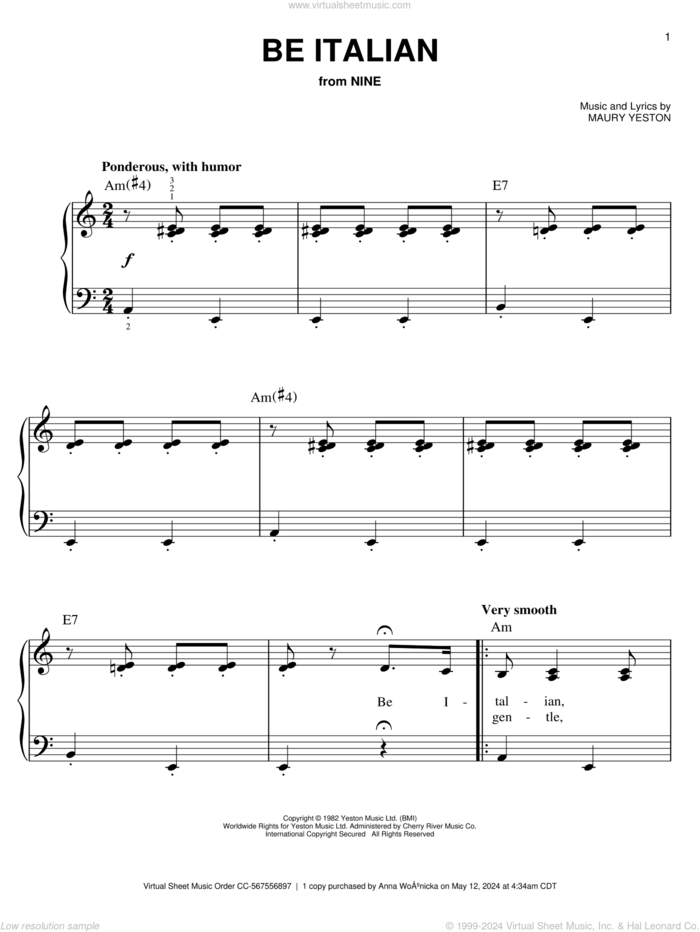 Be Italian sheet music for piano solo by Maury Yeston, Fergie and Nine (Musical), easy skill level