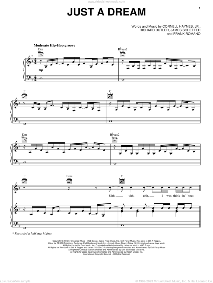 Just A Dream sheet music for voice, piano or guitar by Nelly, Cornell Haynes, Jr., Frank Romano, James Scheffer and Richard Butler, intermediate skill level