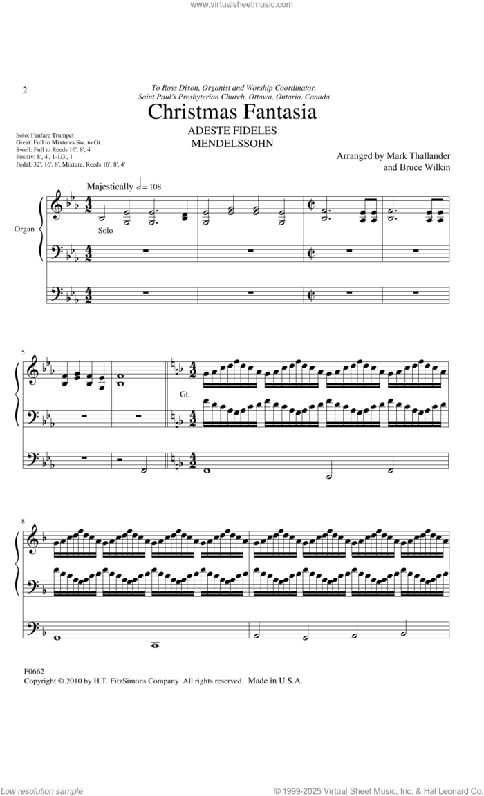 Christmas Fantasia sheet music for organ by Mark Thallander and Bruce Wilkin, intermediate skill level