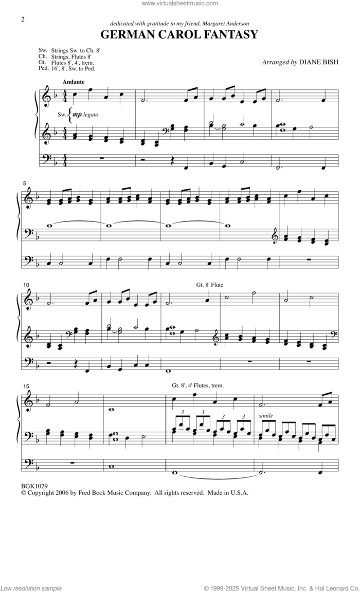 German Carol Fantasy sheet music for organ by Diane Bish, intermediate skill level