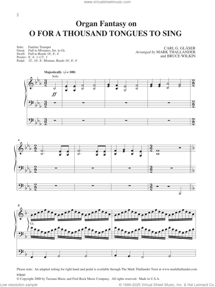 Organ Fantasia on O For A Thousand Tongues to Sing sheet music for organ by Mark Thallander and Bruce Wilkin, intermediate skill level