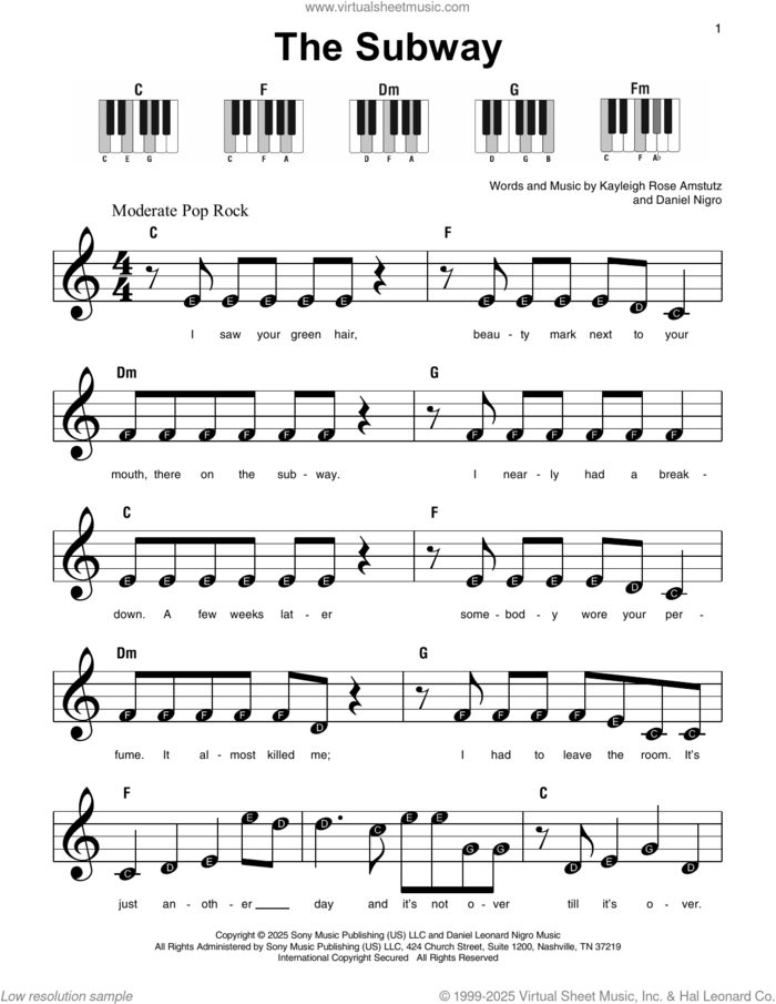 The Subway sheet music for piano solo by Chappell Roan, Daniel Nigro and Kayleigh Rose Amstutz, beginner skill level