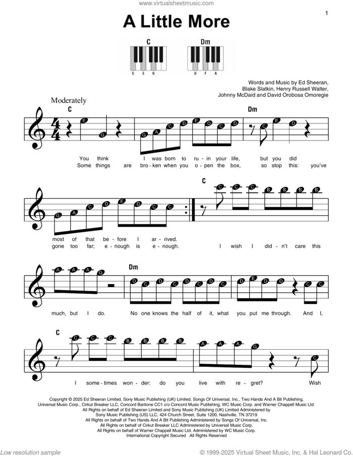 A Little More sheet music for piano solo by Ed Sheeran, Blake Slatkin, David Orobosa Omoregie, Henry Russell Walter and Johnny McDaid, beginner skill level
