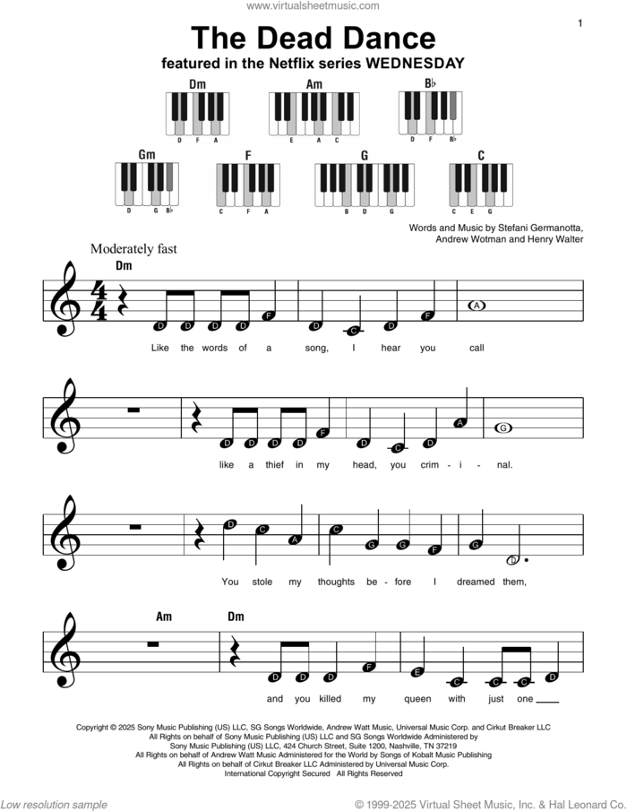 The Dead Dance (from Wednesday) sheet music for piano solo by Lady Gaga, Andrew Wotman (Andrew Watt) and Henry Walter, beginner skill level